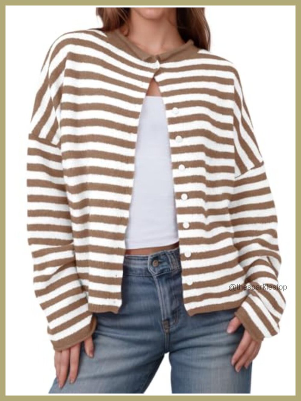 Striped Button Down Cardigan Long Sleeve Knit Top Loose Fit